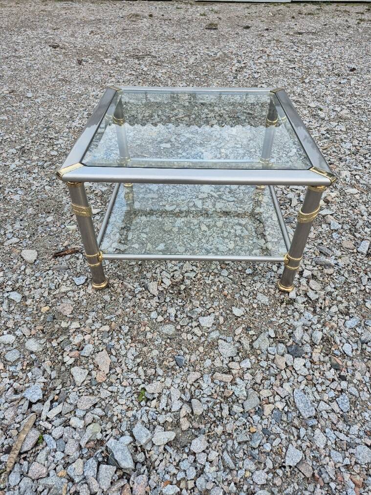 Hollywood Regency side table 1970 brushed metal and gold