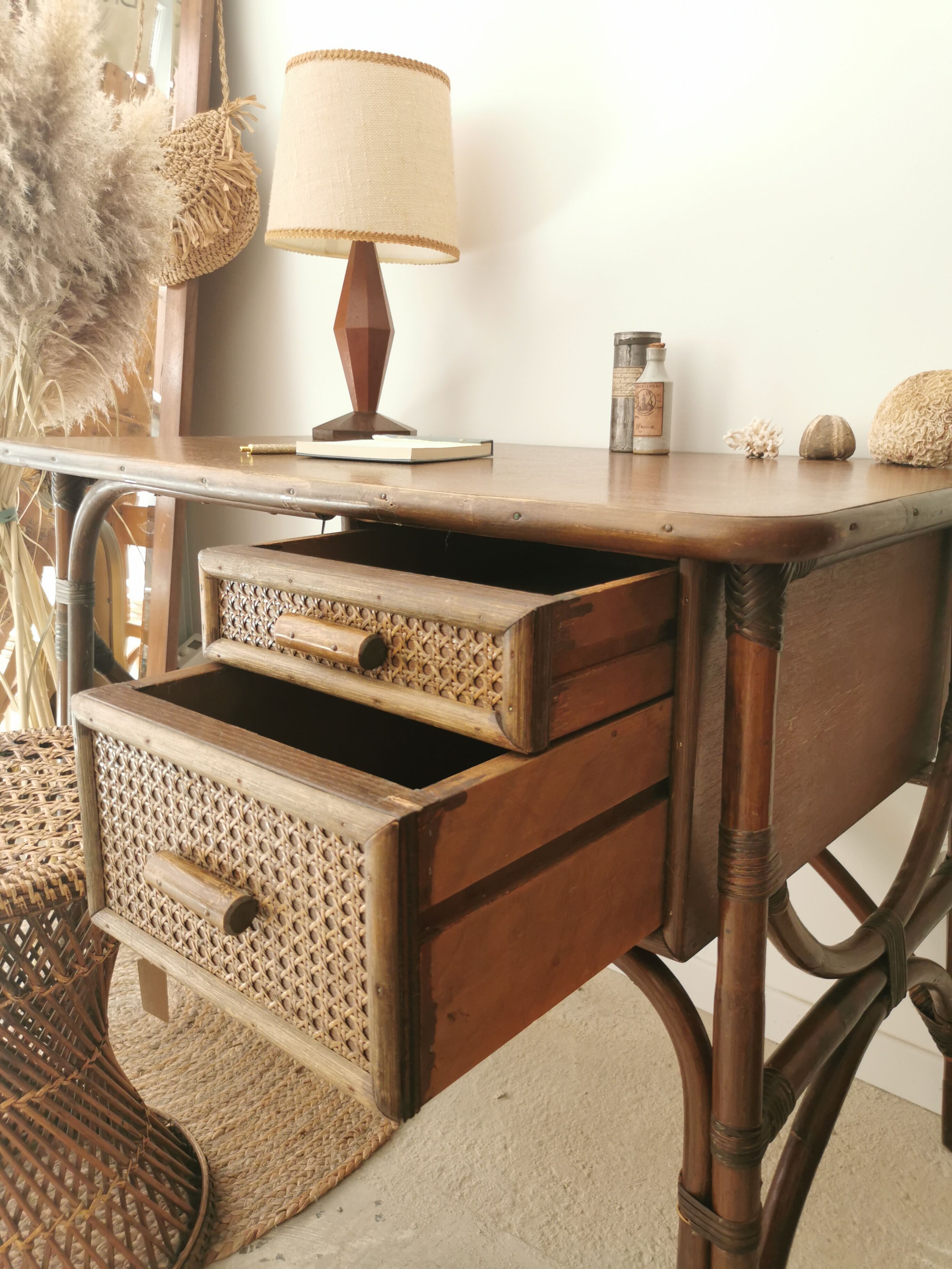 Rattan desk and vintage canning