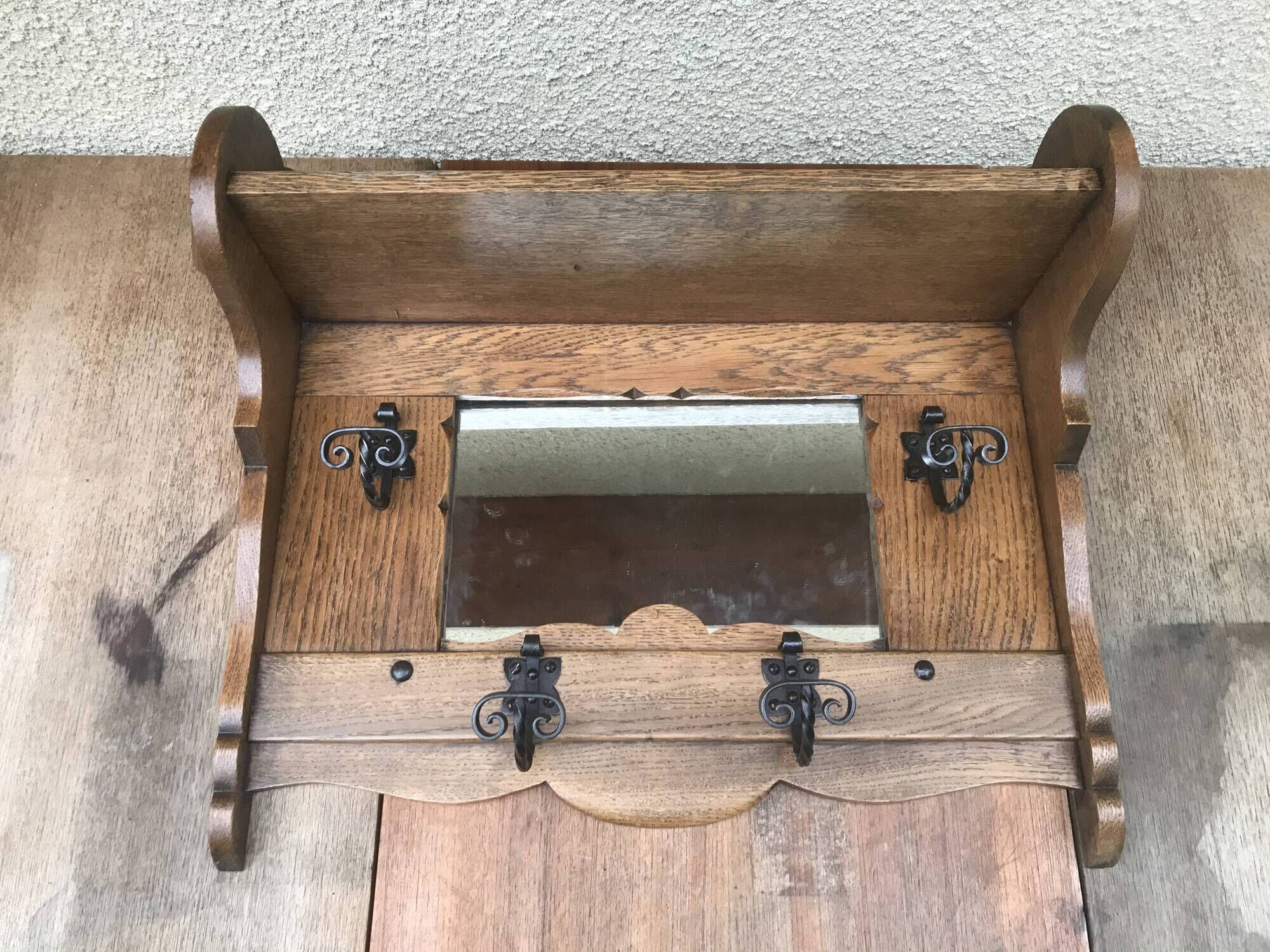 Entrance Wall Coat Door - 4 Forged Iron Patères - Mirror - Vintage Shelf