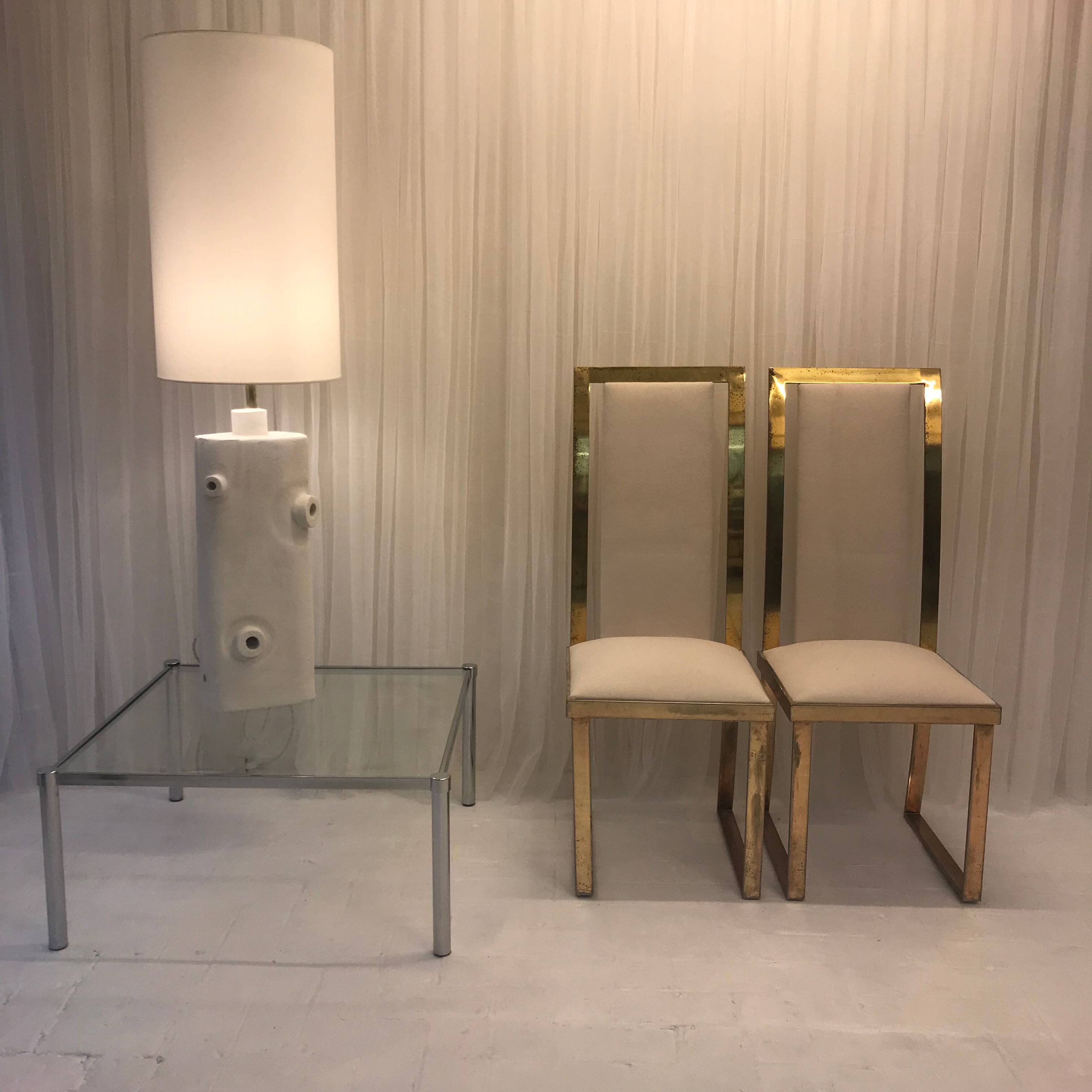 Set of 2 Michel Mangematin chairs in brass and virgin wool.