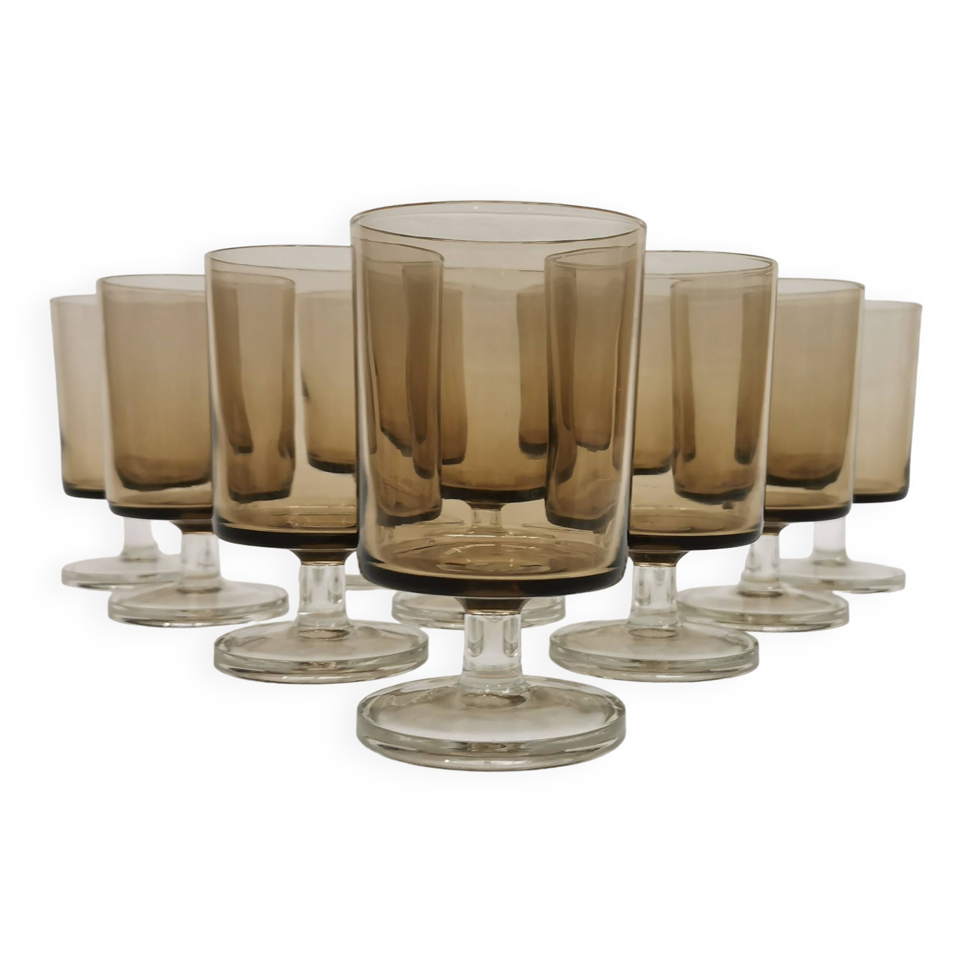 Vintage 70s stemmed glasses, lot of 10 smoked Luminarc verrines