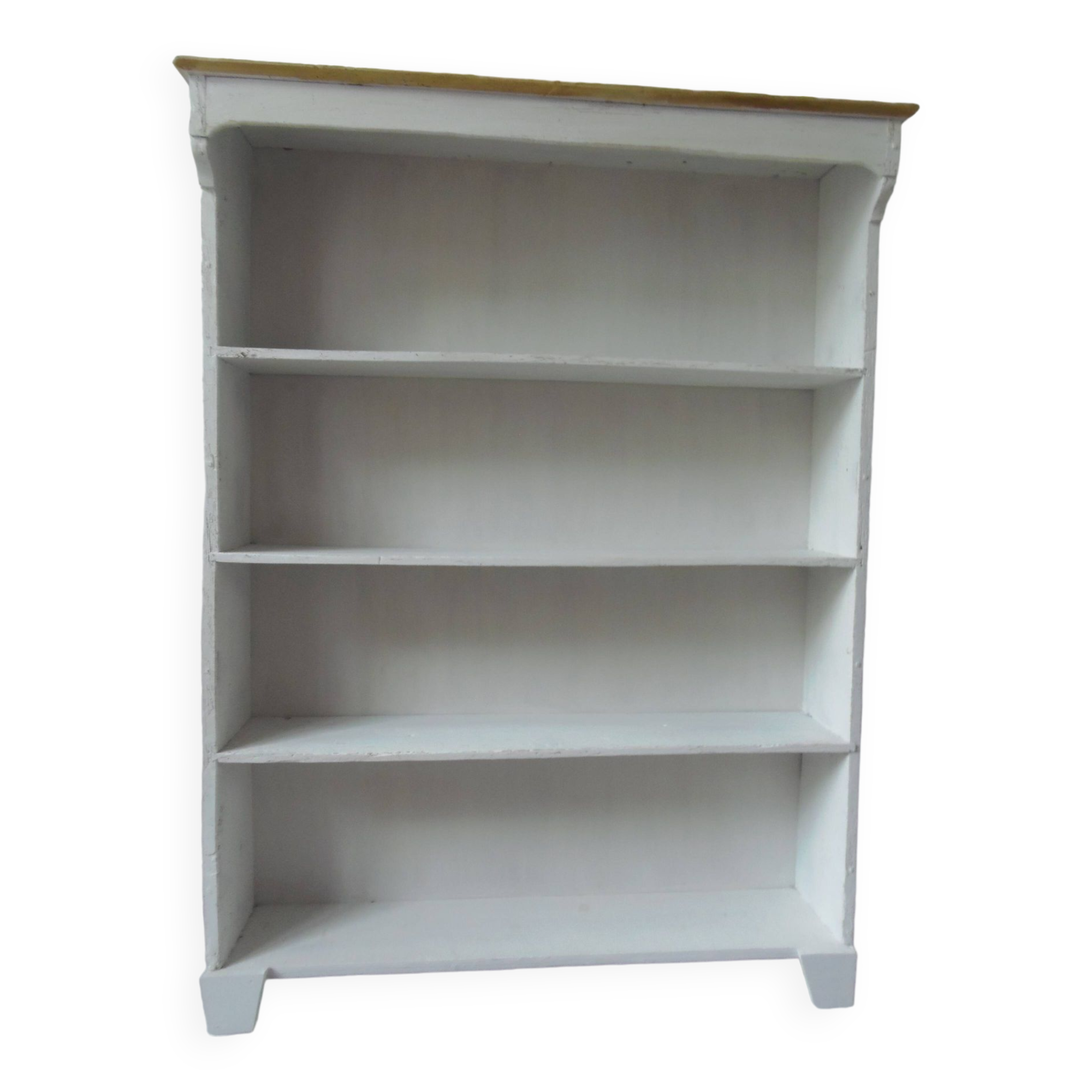 Bookcase in pearl grey waxed finish, light oak waxed top.