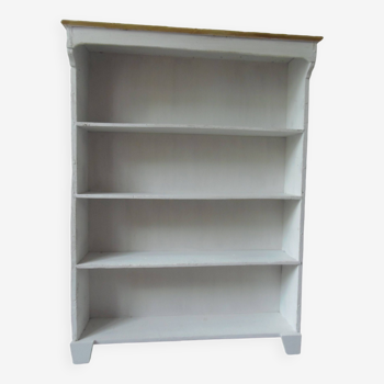 Bookcase in pearl grey waxed finish, light oak waxed top.