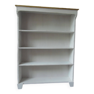 Bookcase in pearl grey waxed finish, light oak waxed top.