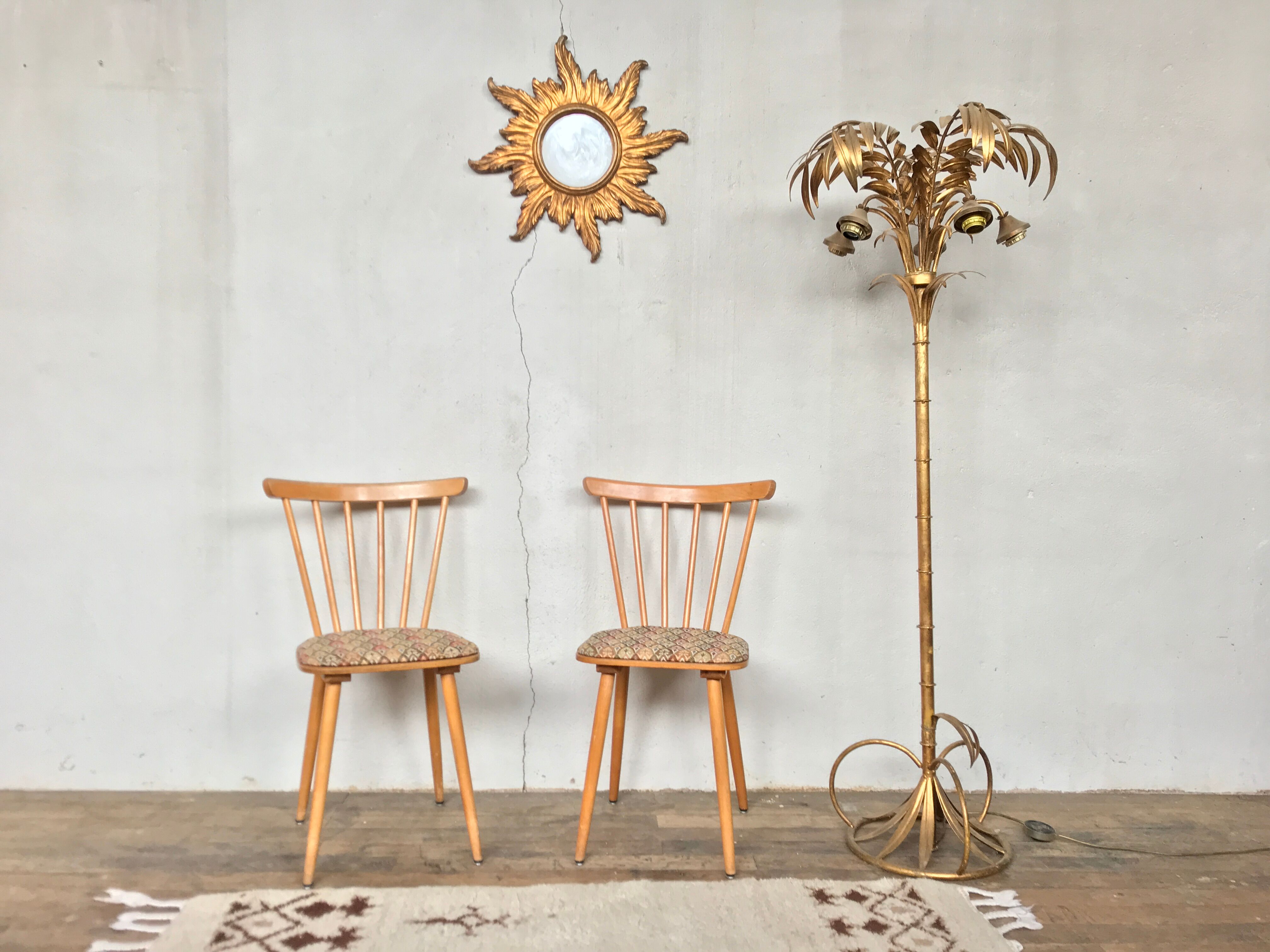Pair of Scandinavian chair fabric light wood flower feet compasses