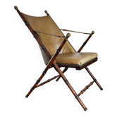 Vintage folding camp chair in faux bamboo and leather by Maison Jansen, 1950s