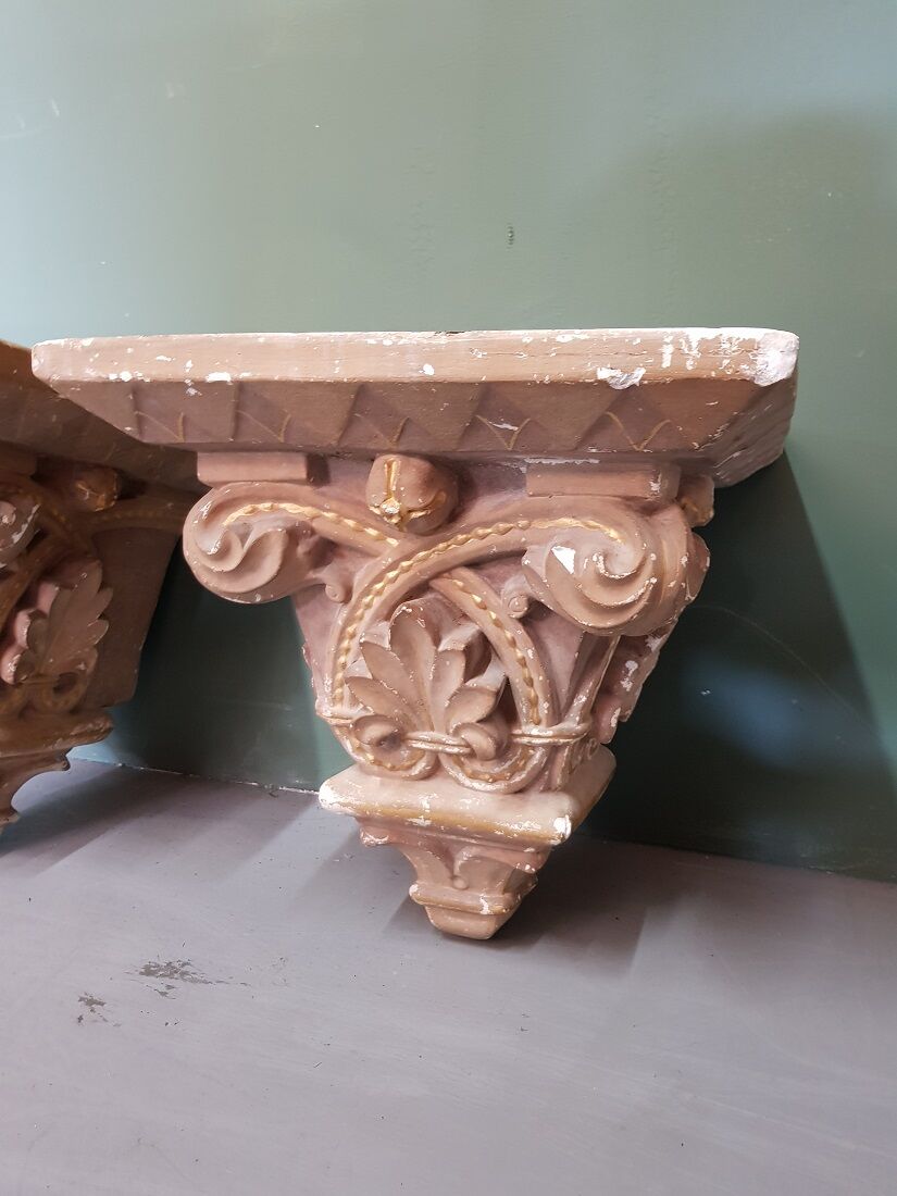 Early 20th Century French Plaster Wall Consoles In A Church Architectural Style