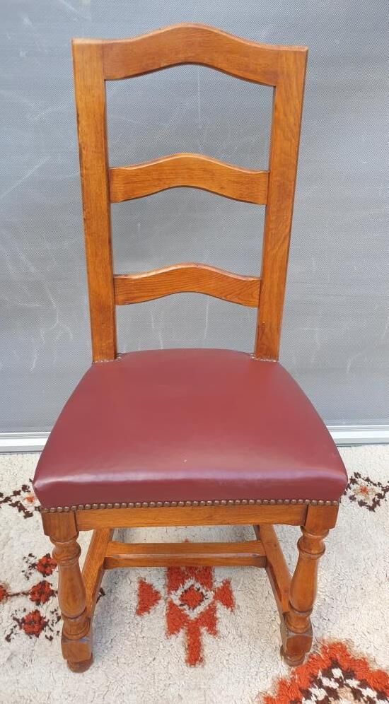 Set 6 chairs style Louis XIII VINTAGE 1980 Oak and Burgundy red leather