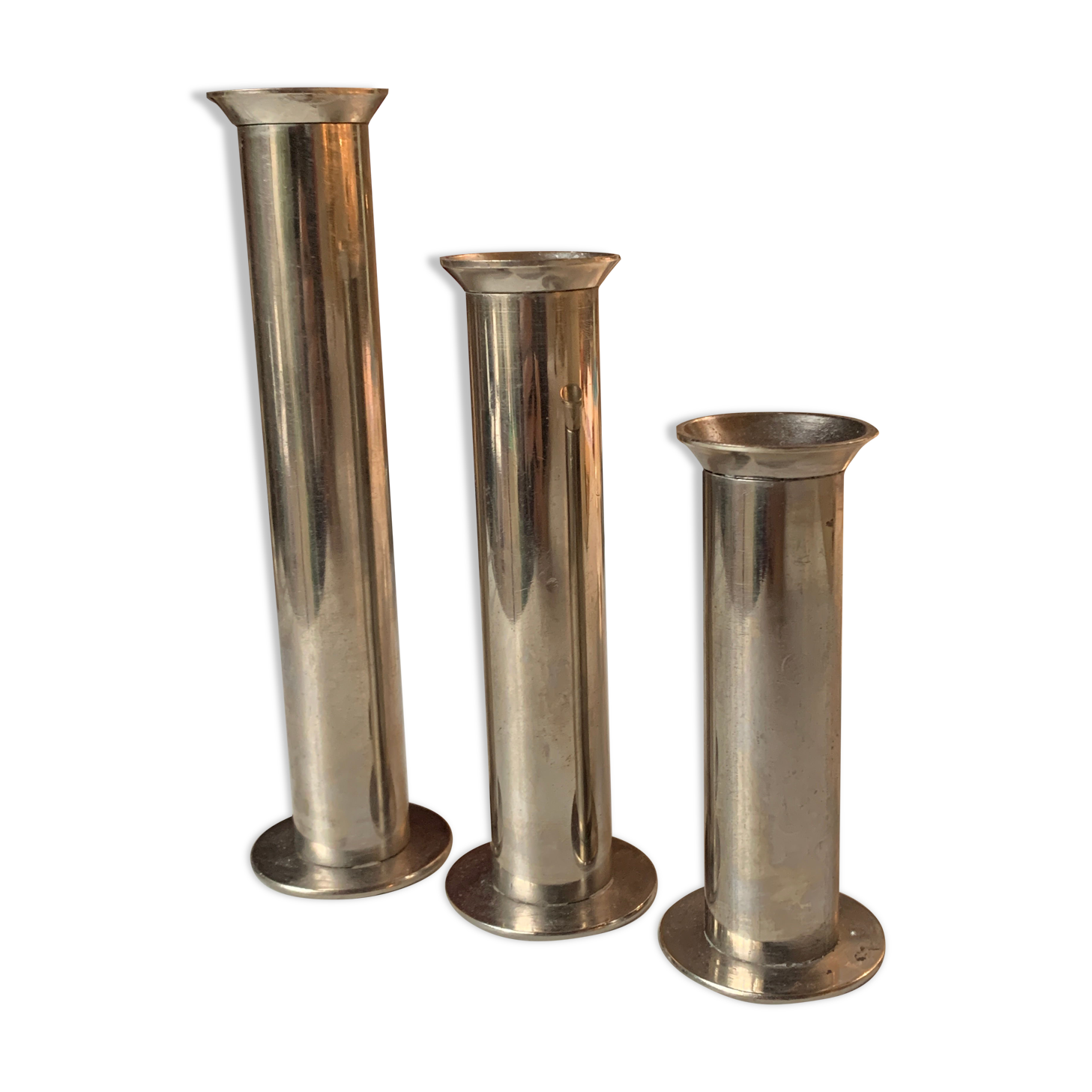 Three silver metal candle holders