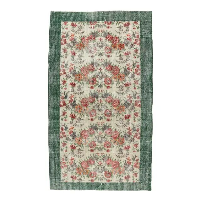 Turkish  Oushak vintage hand-knotted floral green rugs bordered 176x205