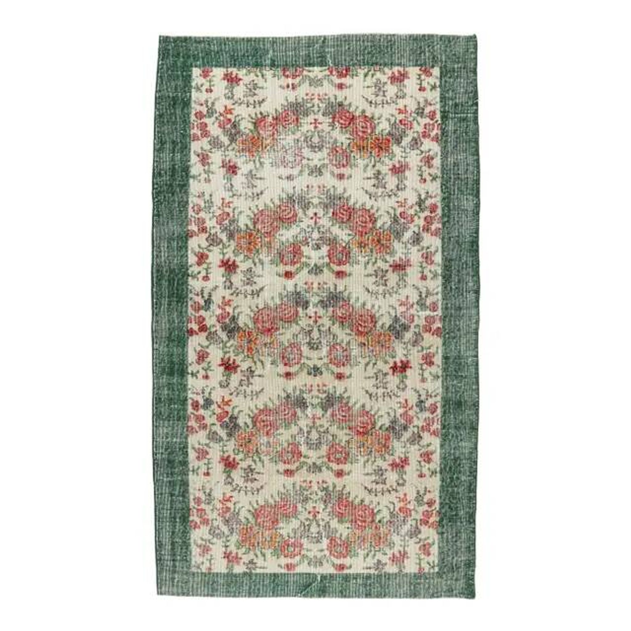 Turkish  Oushak vintage hand-knotted floral green rugs bordered 176x205