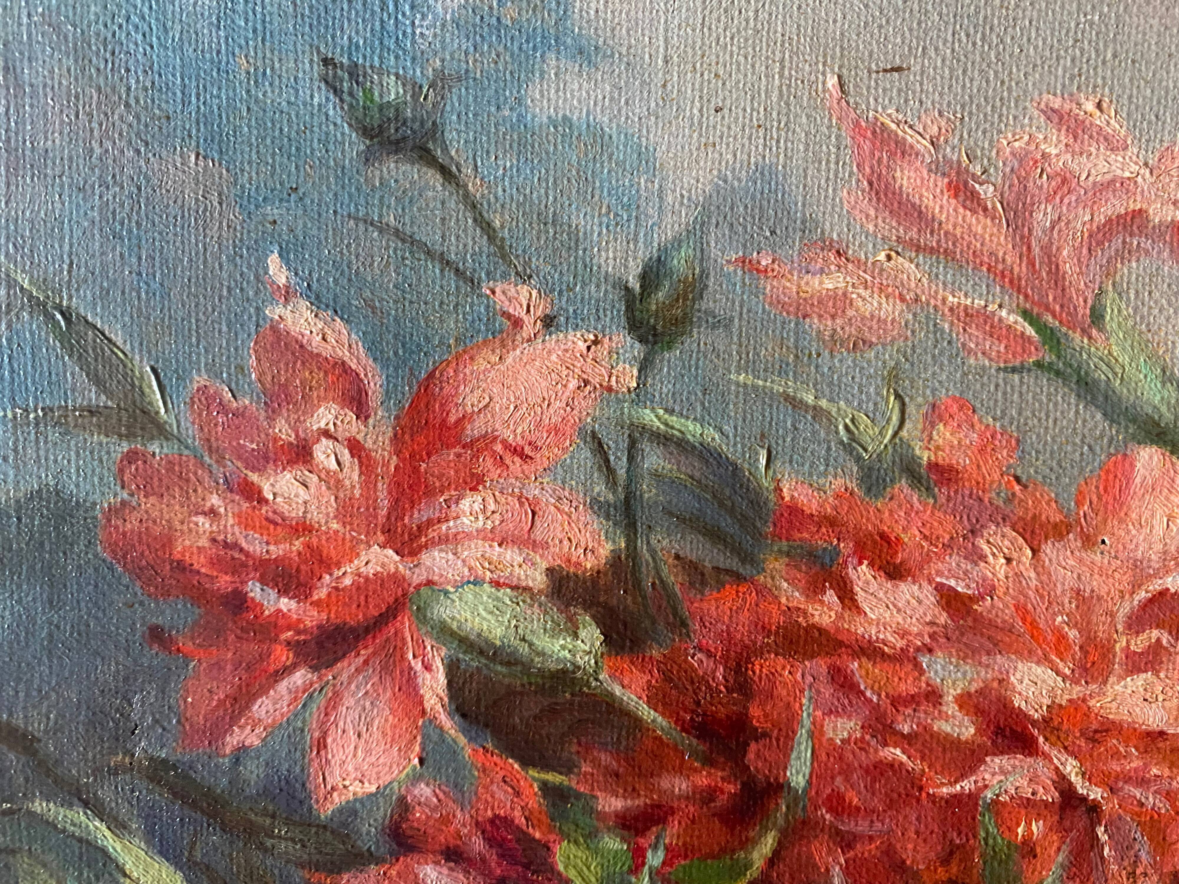 Painting 1900 Bouquet of flowers Carnations in the garden HST signed Gabrielle V.