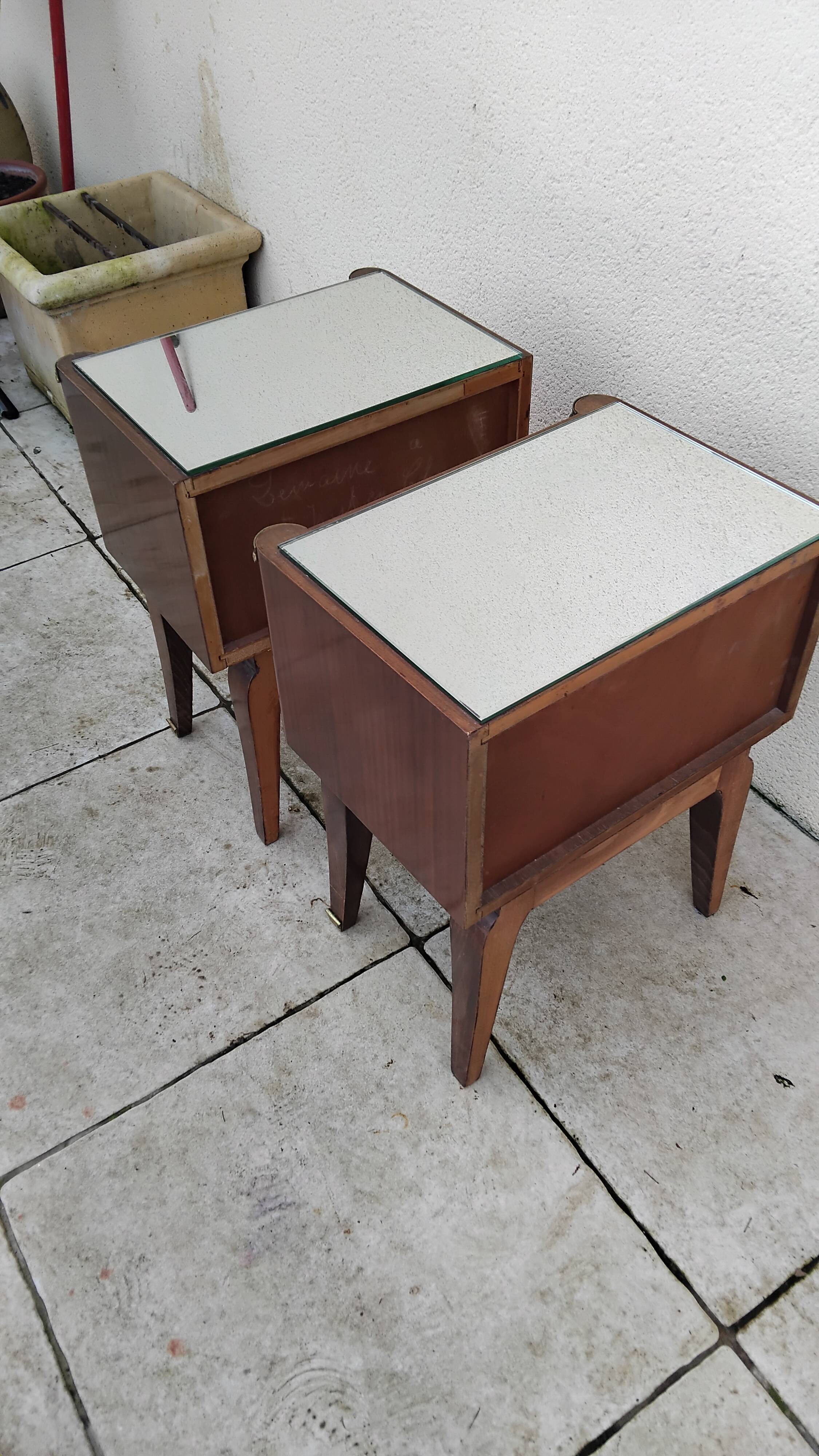 Vintage bedside table with a mirrored top, Art Deco style.
