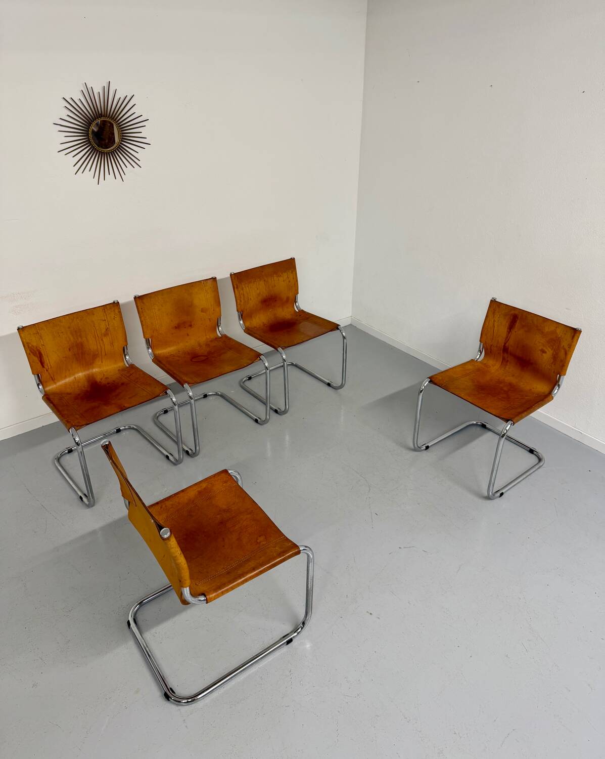 Lot of 5 tubular chairs Mart Stam edition Fasem vintage patinated leather