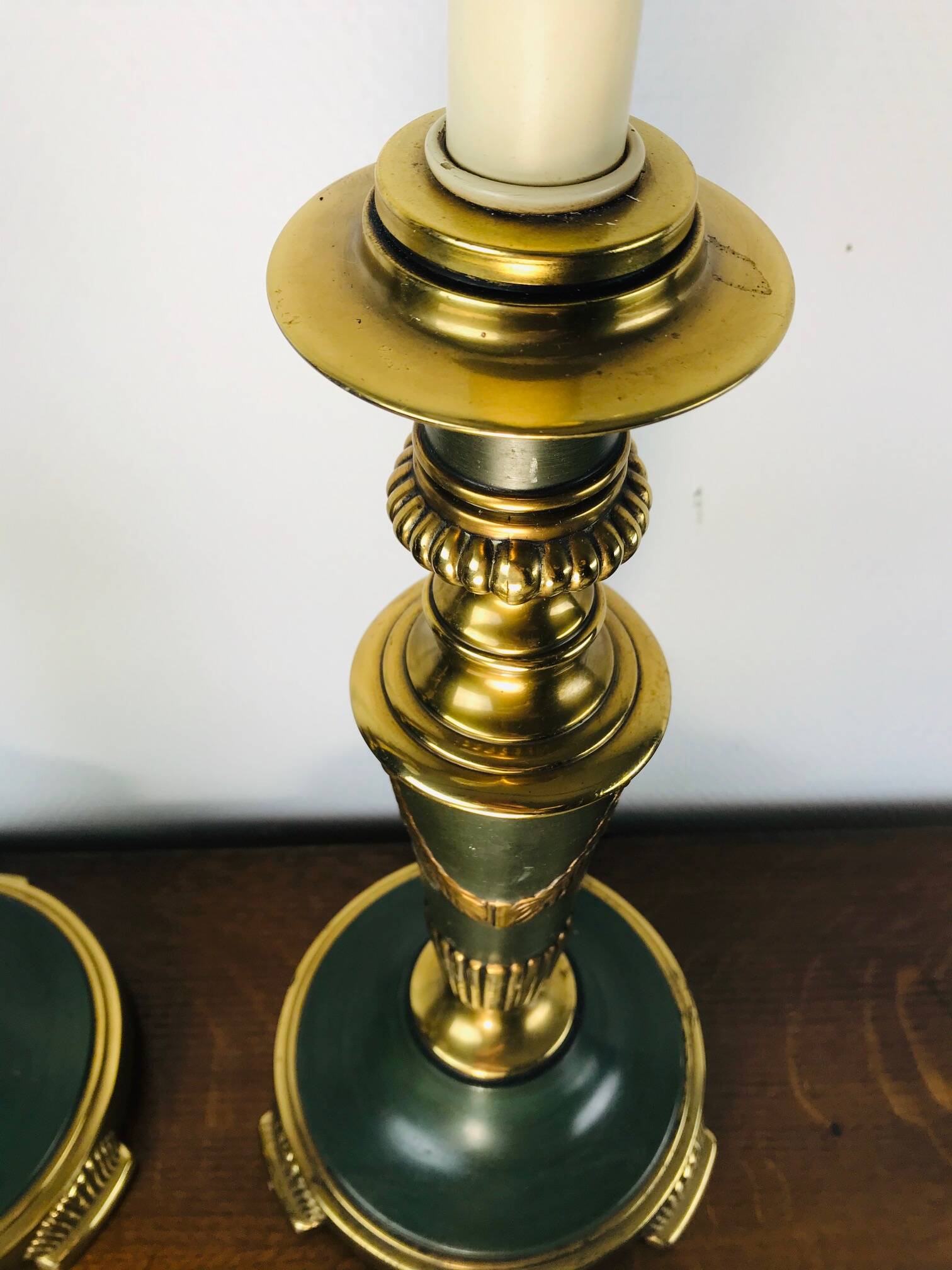 Vintage dutch brass and green table lamps from kullmann, 1970s, set of 2 table lamps. baroque