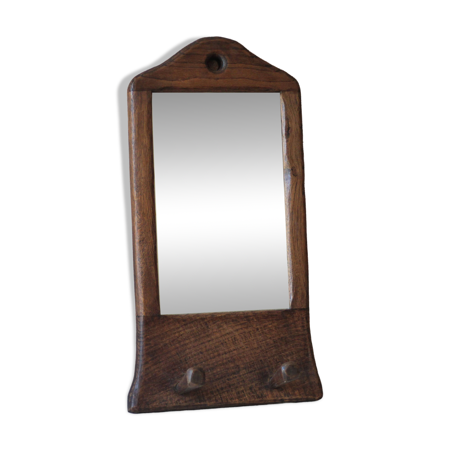 Wall-mounted coat rack mirror with solid wood hooks, brutalist mirror.