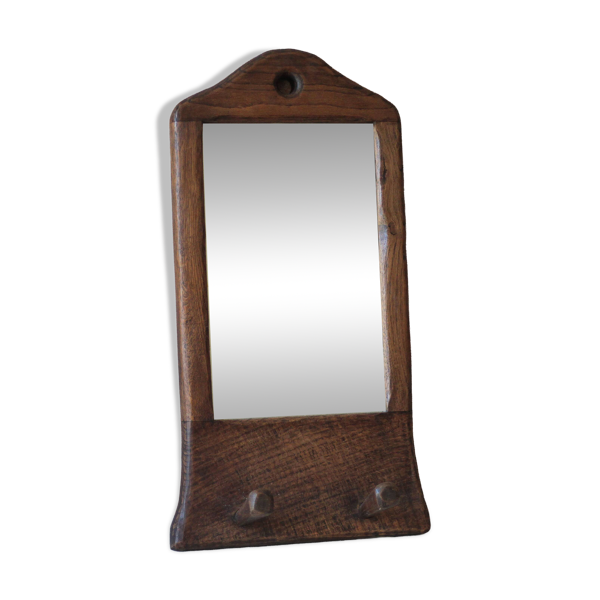 Porte-manteau mural miroir avec patères en bois massif, miroir brutaliste