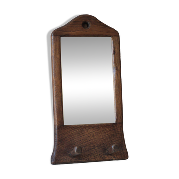 Wall-mounted coat rack mirror with solid wood hooks, brutalist mirror.