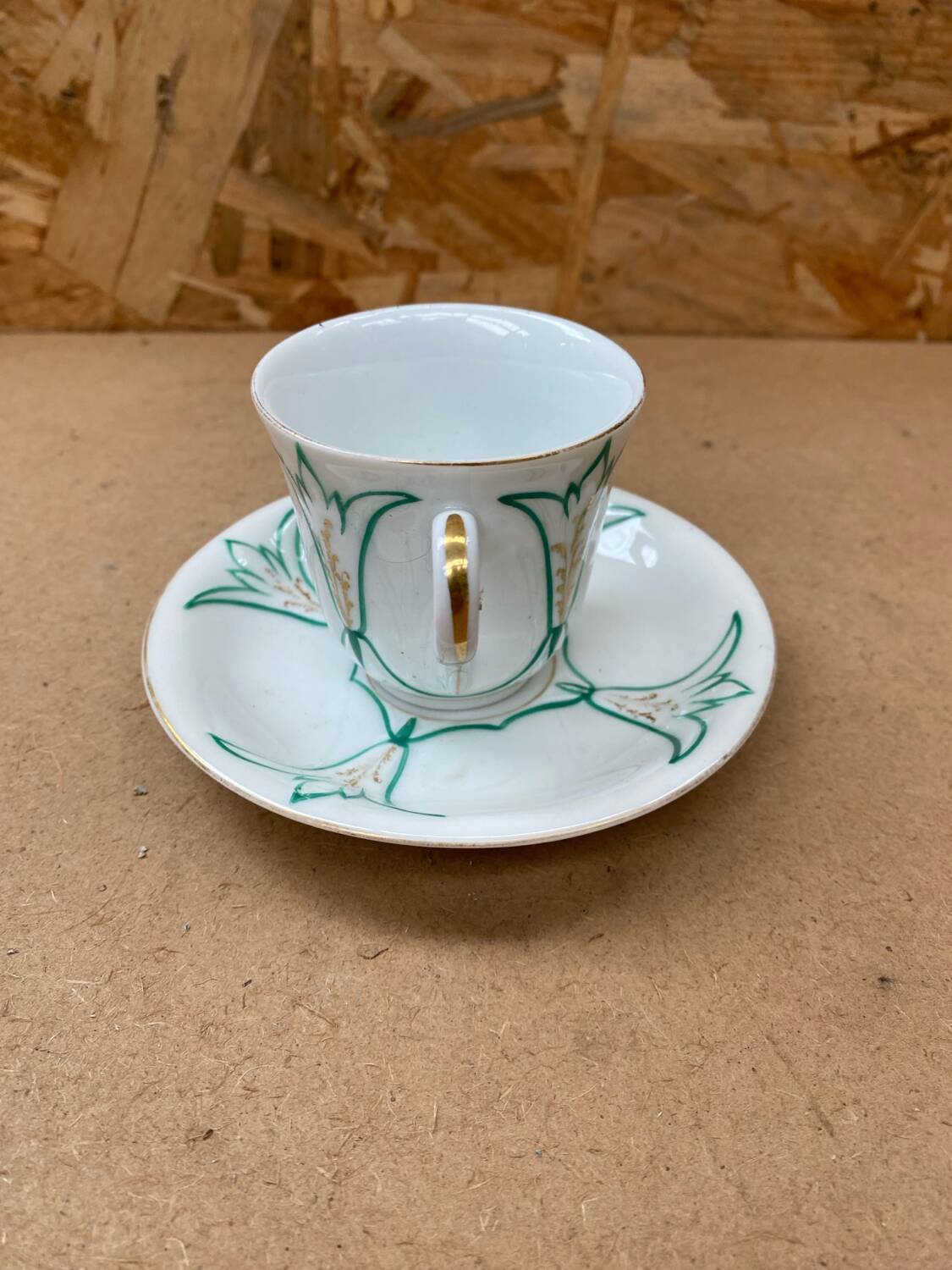 Set of 6 antique white ceramic mugs vintage green leaf decor