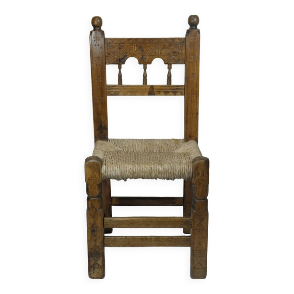 Chaise ancienne en bois et paille, Art Populaire - Espagne