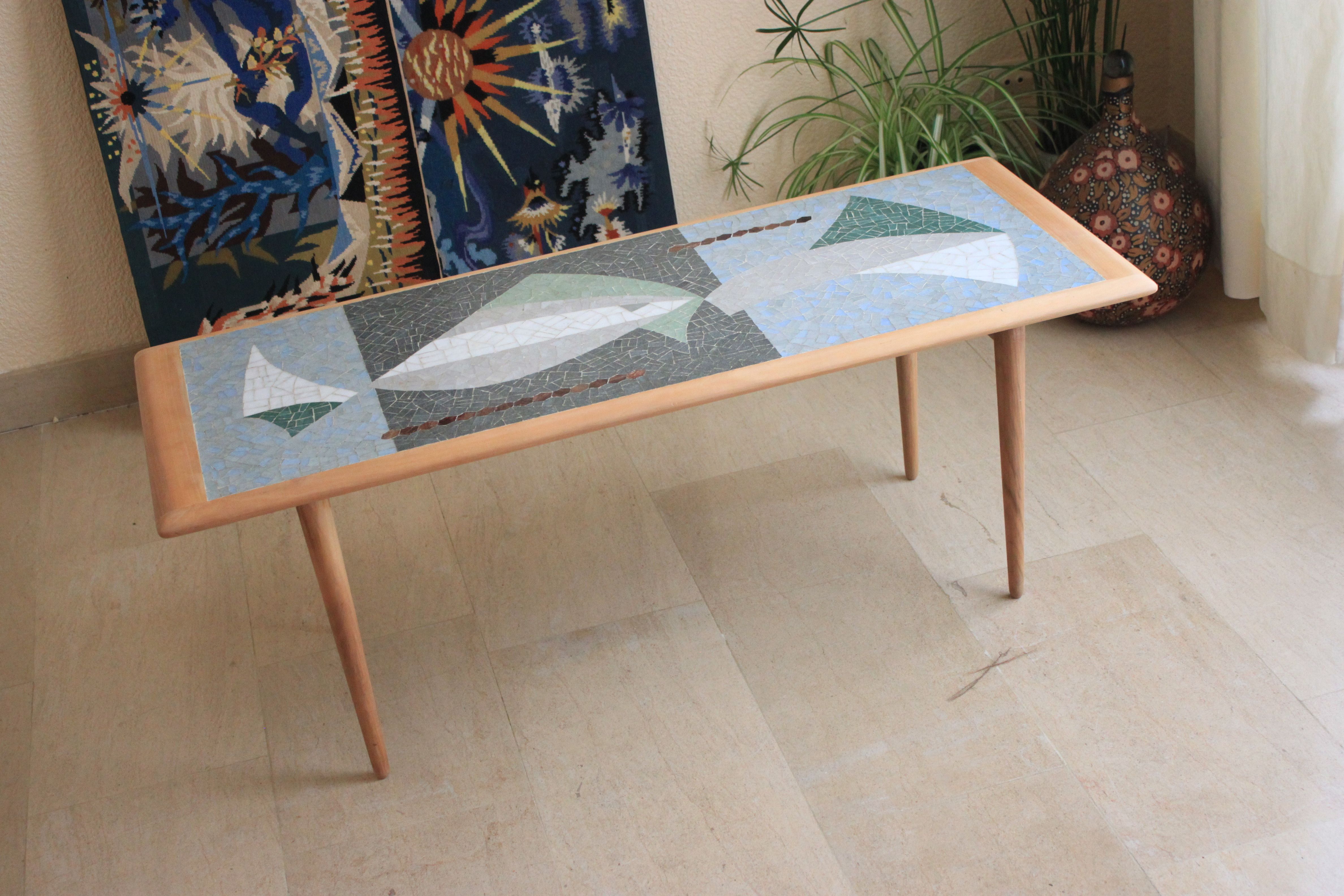 Rare Swiss coffee table in ceramic and beech from the 50s, vintage
