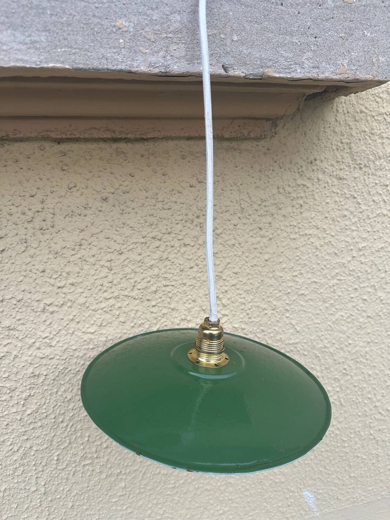 Vintage pendant light with green and white enamelled sheet metal lampshade and LED electricity