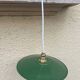 Vintage pendant light with green and white enamelled sheet metal lampshade and LED electricity