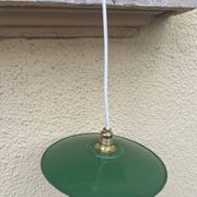 Vintage pendant light with green and white enamelled sheet metal lampshade and LED electricity