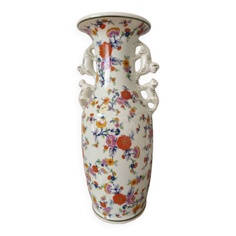 Vase Faïencerie Hubert Becquet décor floral anses singesou chat