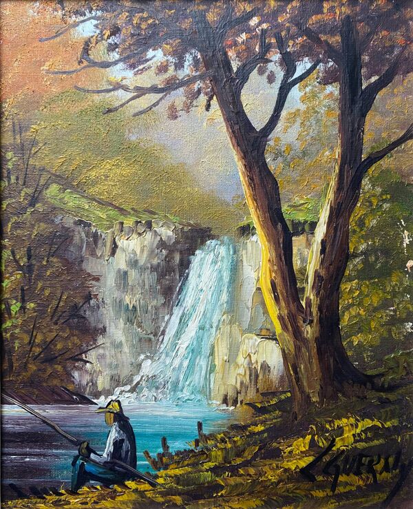 Tableau ''Pêcheur en bord de cascade'' HST signée L. Gerny & cadre