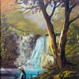 Tableau "Pêcheur en bord de cascade" HST signée L. Gerny & cadre