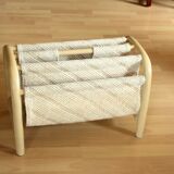 Magazine rack made of white bamboo and fabric, vintage from the 1970s