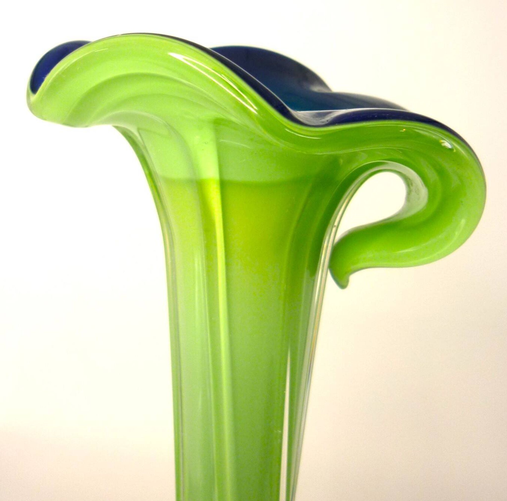 Vintage blown glass vase, twisted, blue and green, height: 39cm