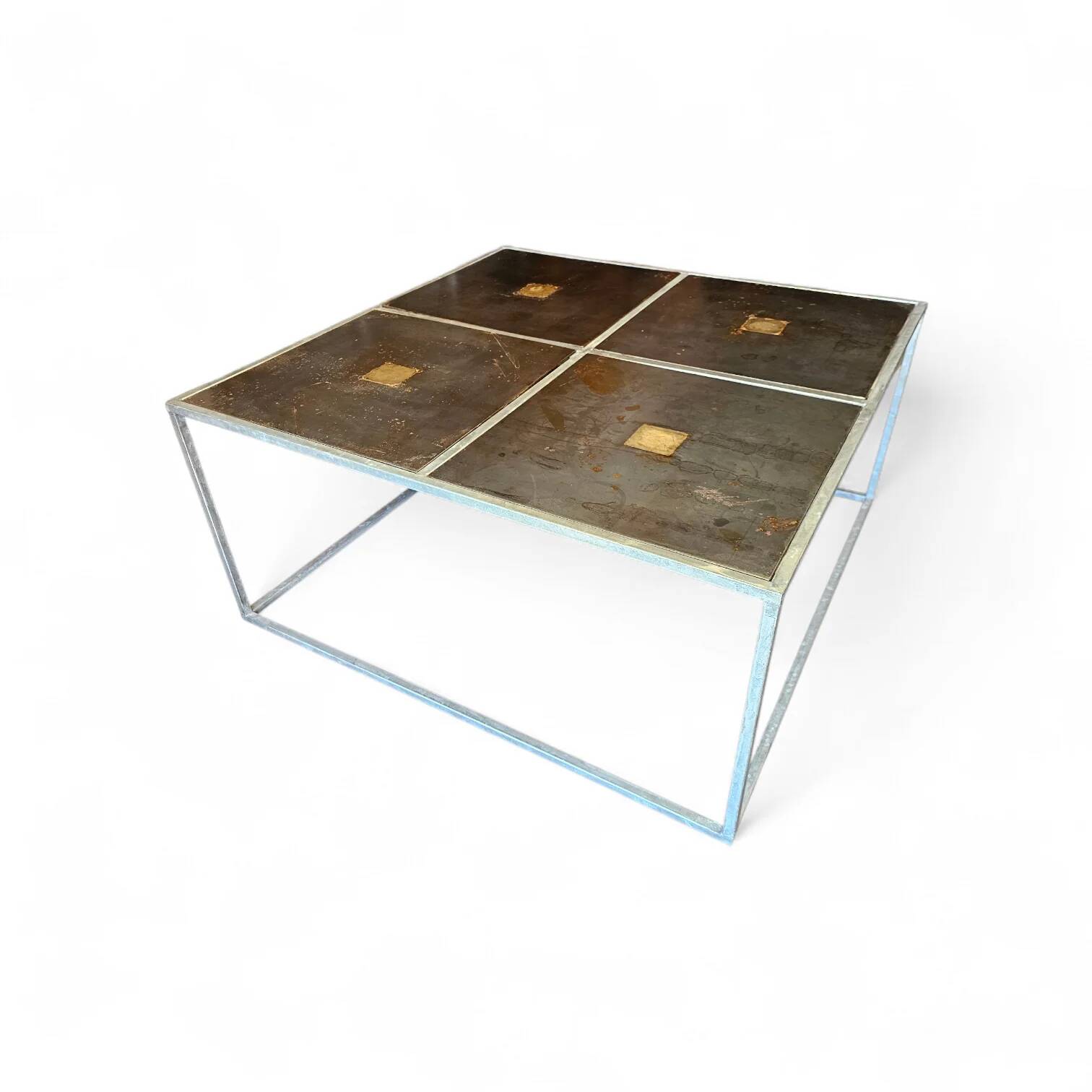 One of a kind brutalist coffee table 1980s with weighty metal / copper / steel tops