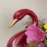 Vintage swan pot cover in red and gold ceramic