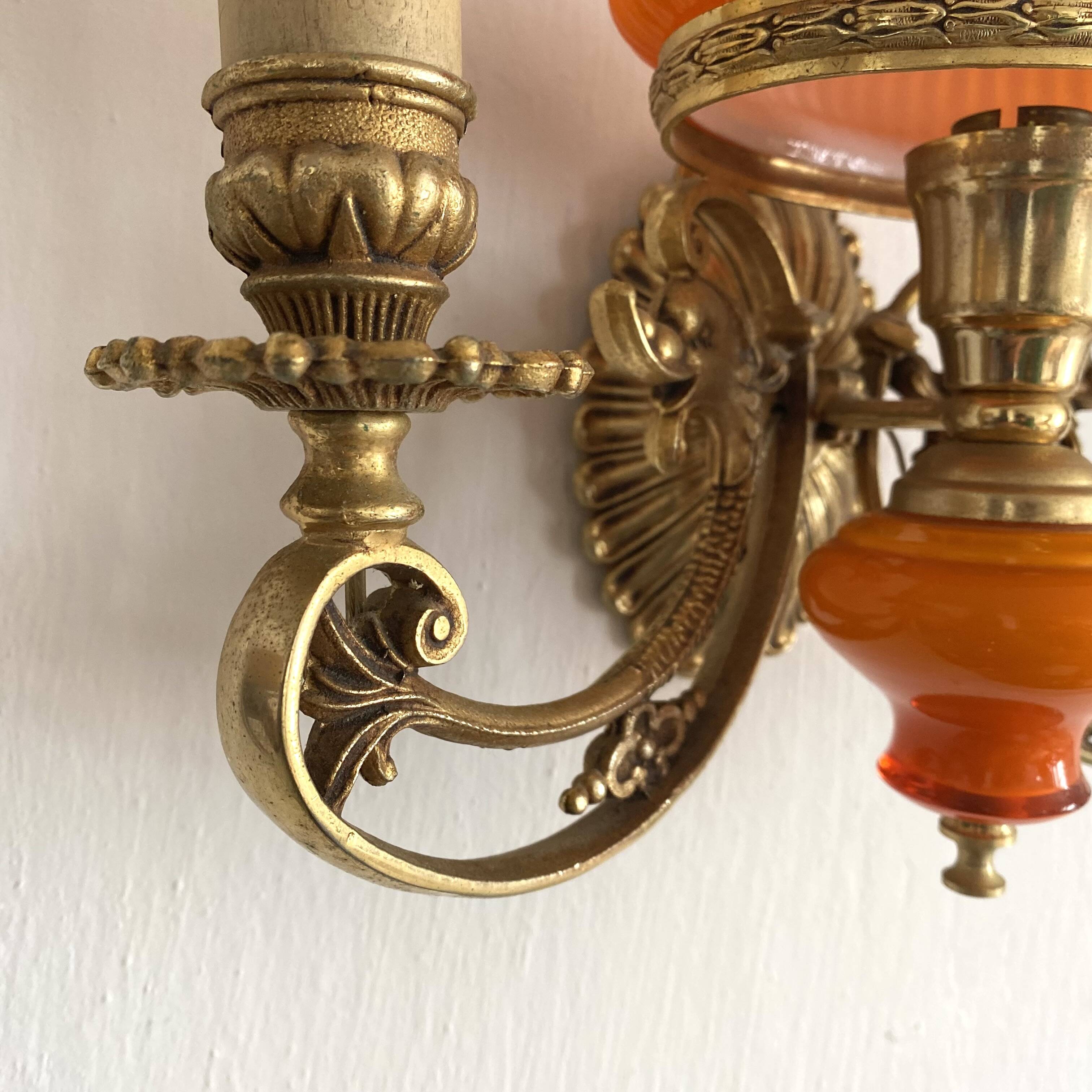 Double wall light in brass and orange opaline, 1960s.