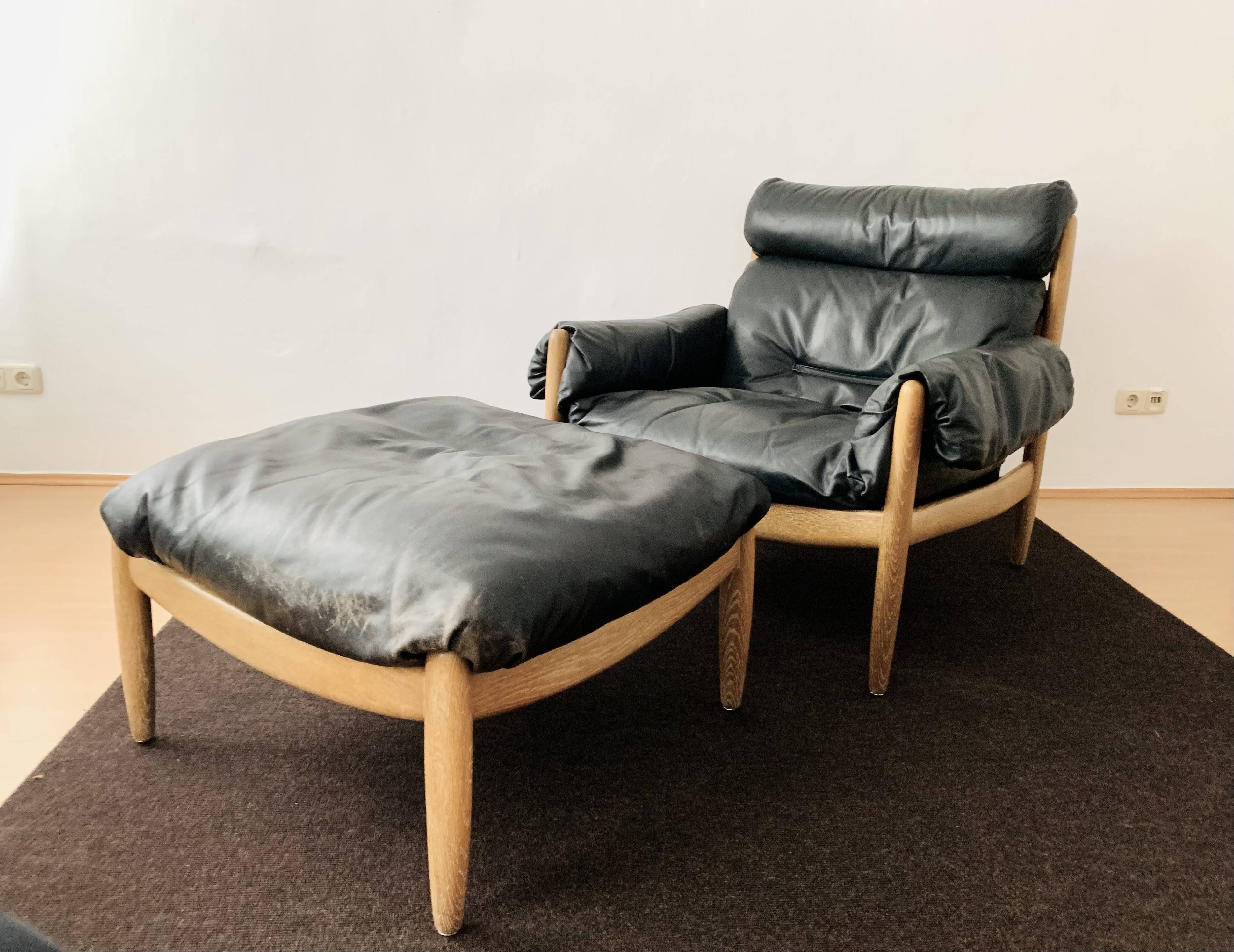 Danish Oak and Leather Lounge Chair with Ottoman