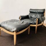 Danish Oak and Leather Lounge Chair with Ottoman