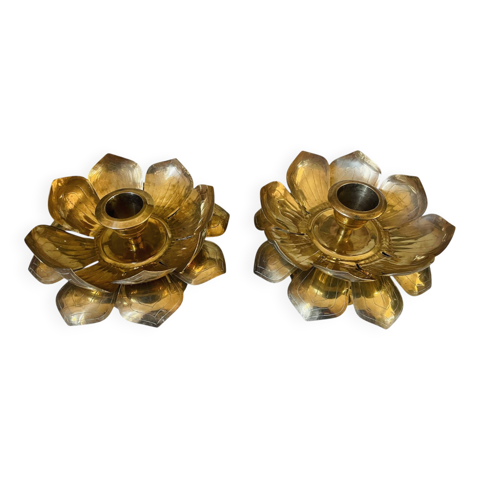 Lotus brass candlestick pair
