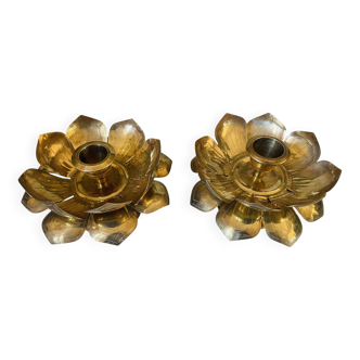 Lotus brass candlestick pair
