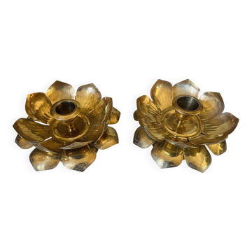 Paire de bougeoirs lotus en laiton