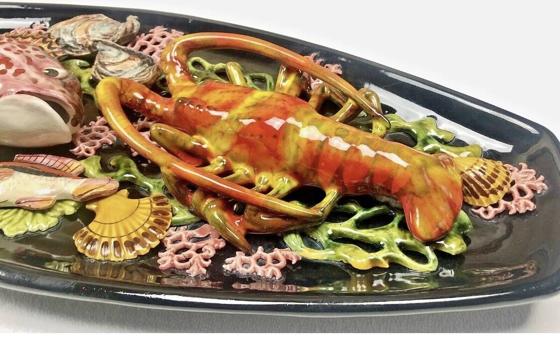 Large Vallauris slip dish 57x25 cm lobster fish