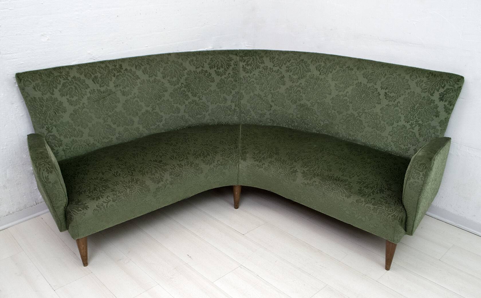 Mid-Century Modern Italian Damask Velvet Corner Sofa, 1950s