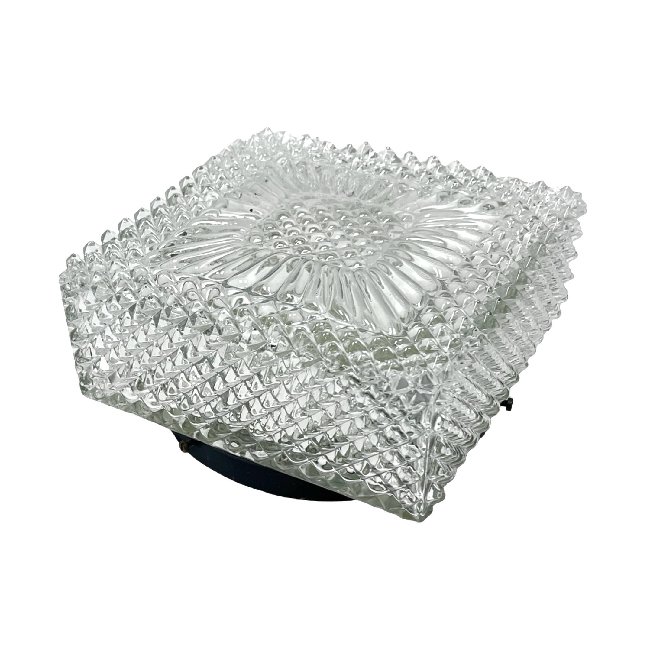 Square glass cube flush-mount light, Hillebrand (Germany), 1970s. Vintage