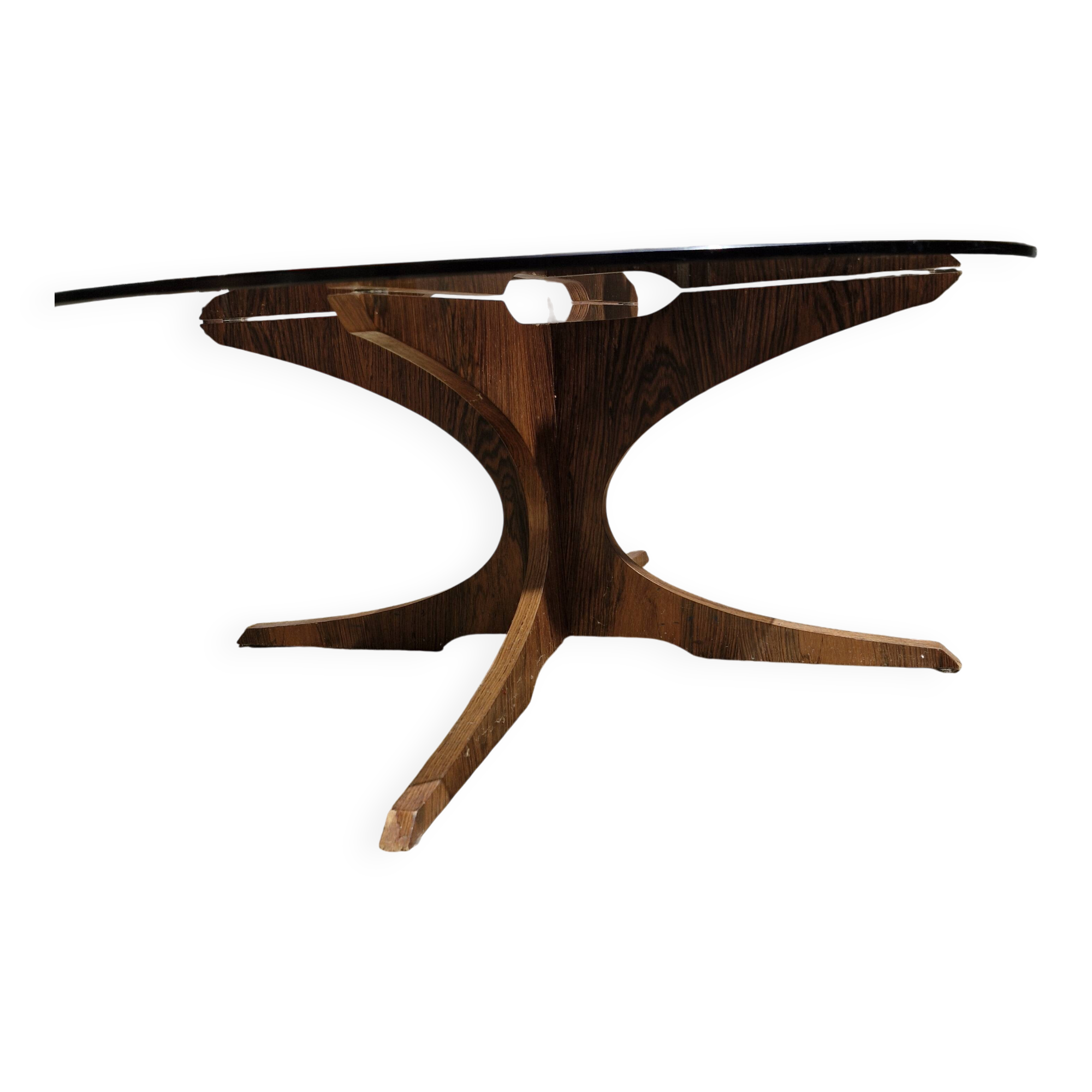Vintage coffee table from the 60s and 70s by Hugues POIGNANT, smoked glass & teak.