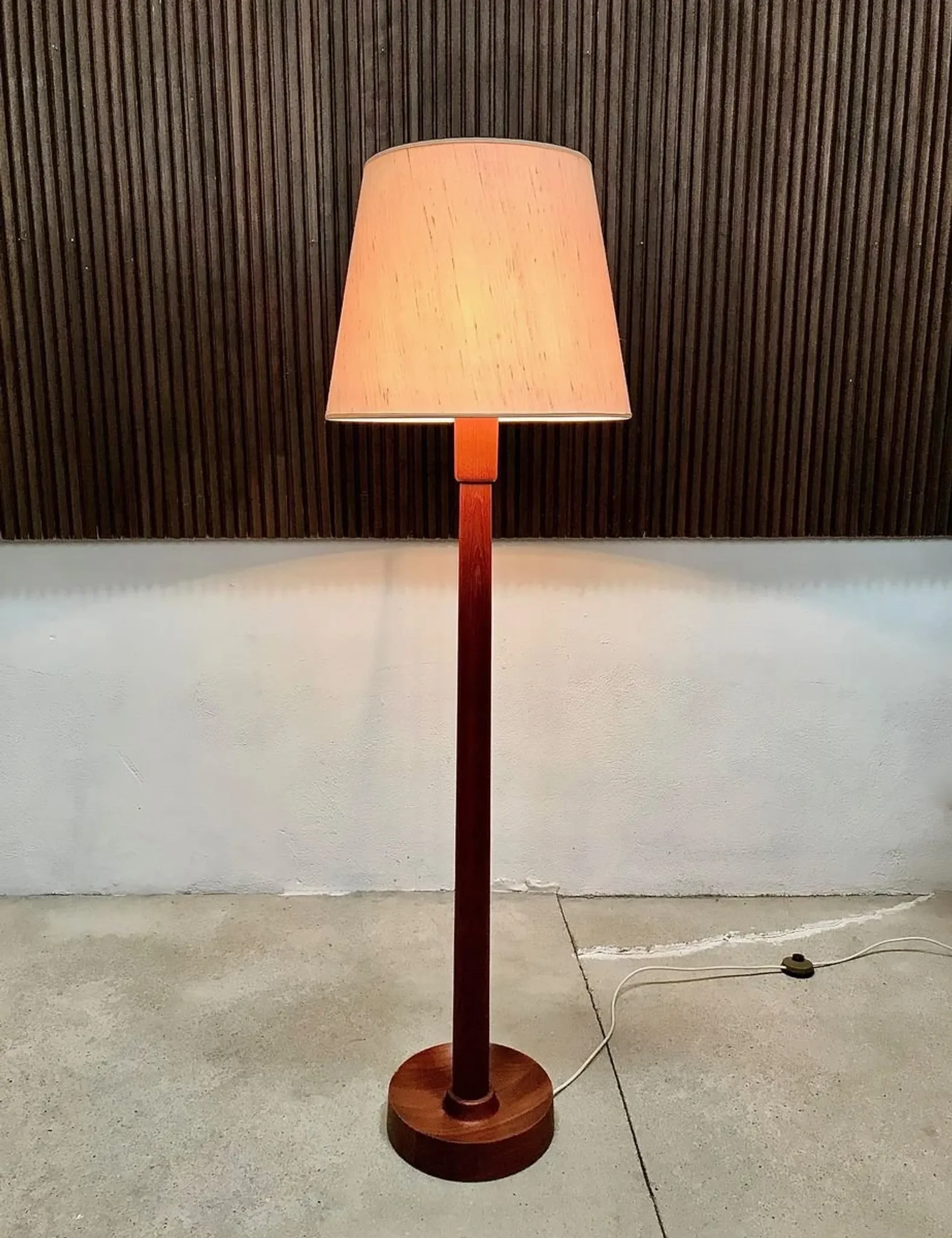 Teak Floor Lamp with Lampshade in Wild Silk, Denmark 1960s