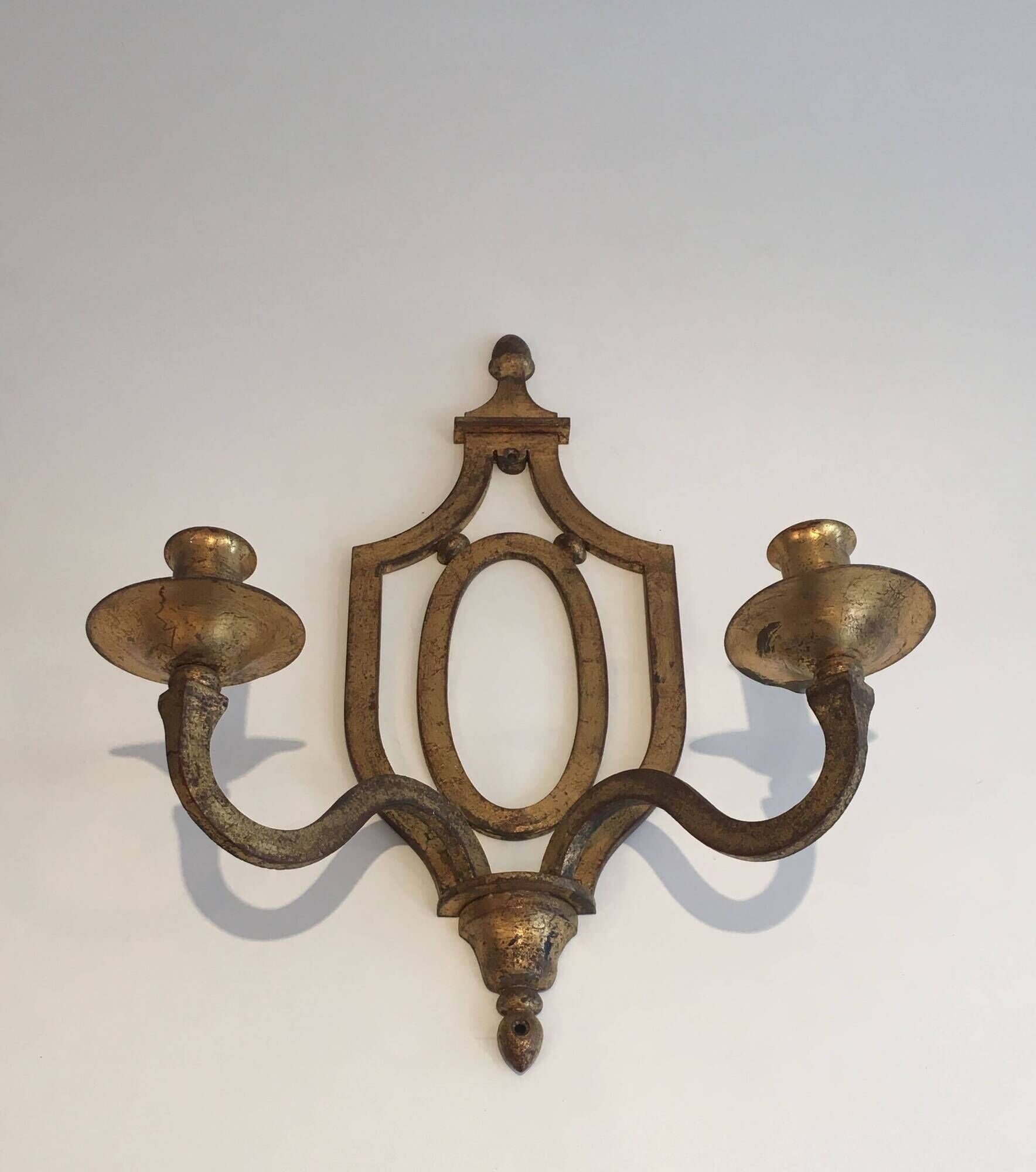 Golden Wrought Iron Wall Light with Oval Shield and Two Arms. French Work.