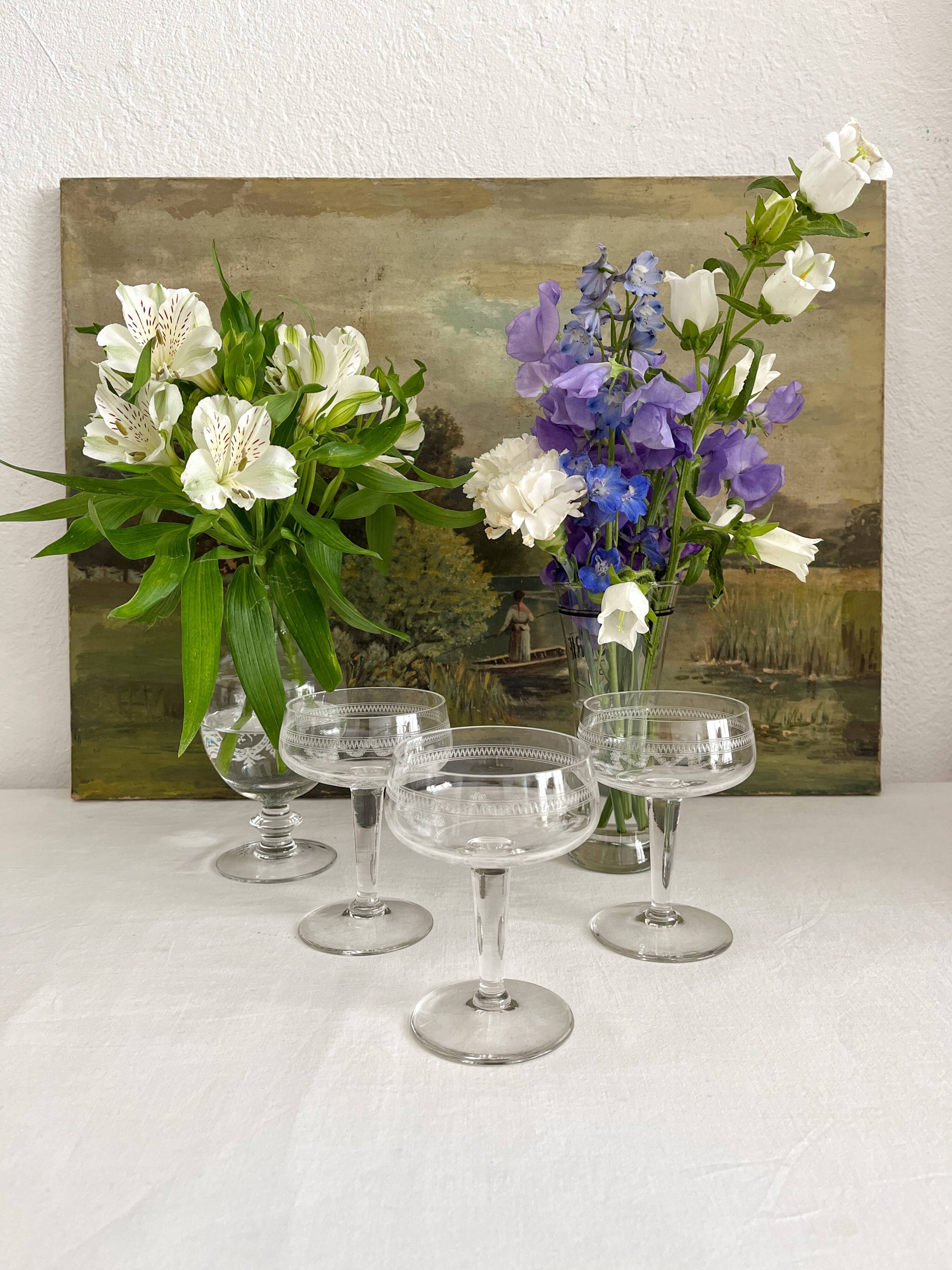 3 antique crystal champagne coupes with engraved decoration