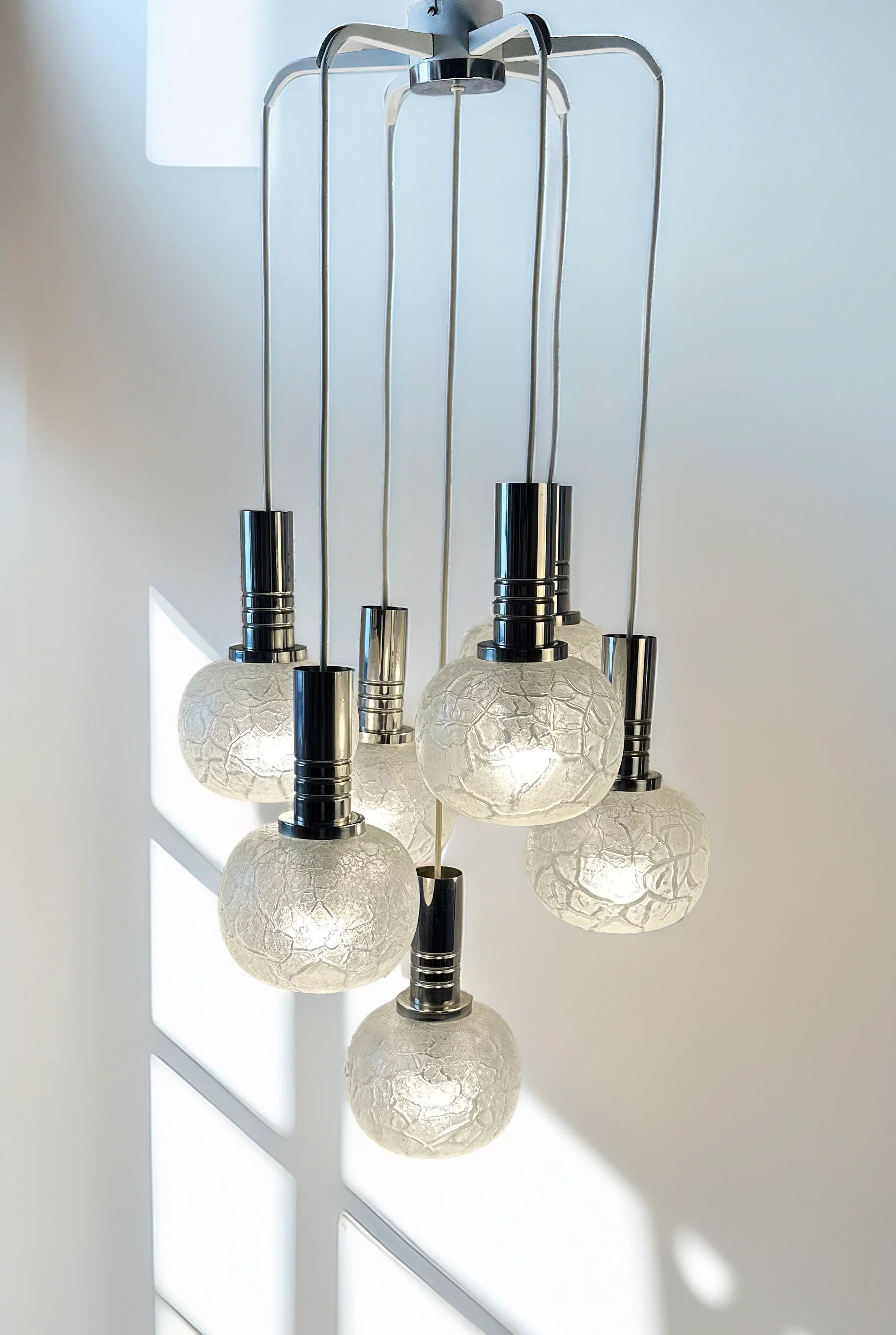 Vintage Doria Leuchten suspension with 7 cracked glass globes.