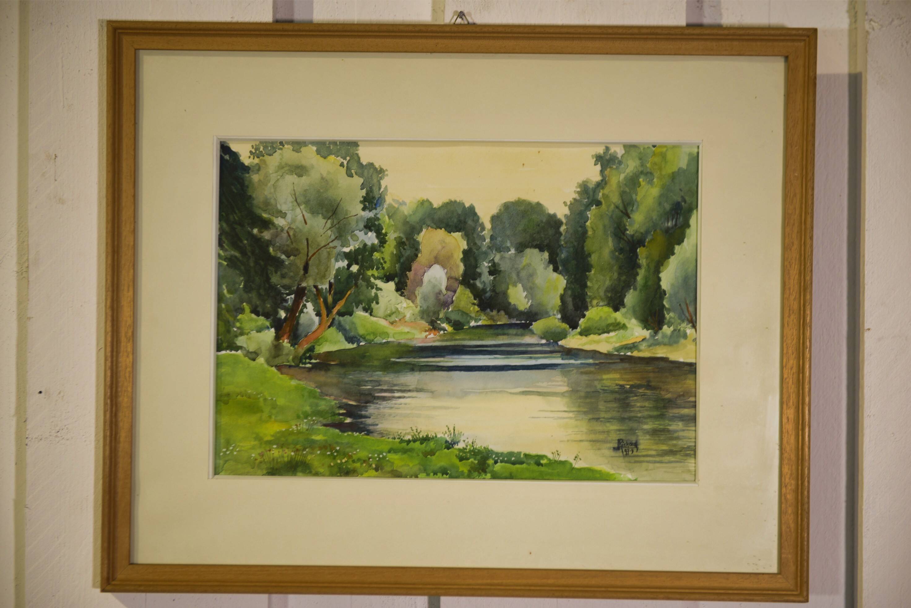 Watercolour riverbank by J. Richard 1975